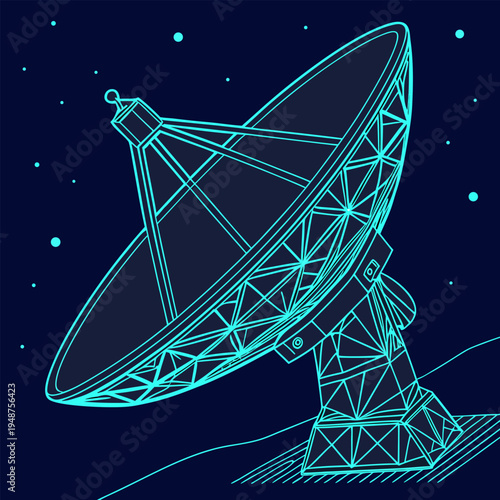 Satellite Dish Antenna in Night Sky with Blue Background Illustration.