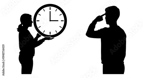 Silhouettes of a person checking a clock and another on the phone. Vector, illustration