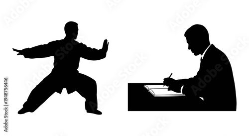 Contrast between martial arts practitioner and office worker in black silhouette style. Vector, illustration