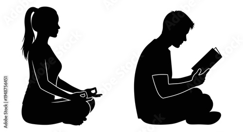 Two individuals engrossed in reading and using digital devices in quiet contemplation. Vector, illustration