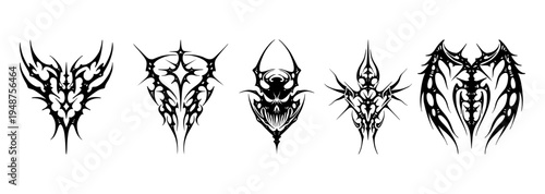 Neo tribal tattoo vector set, Celtic gothic cyber body ornament shapes kit. Vector illustration