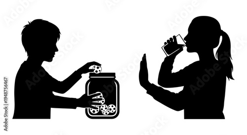 Children sharing a healthy snack and drink together in a balanced way Vector, illustration