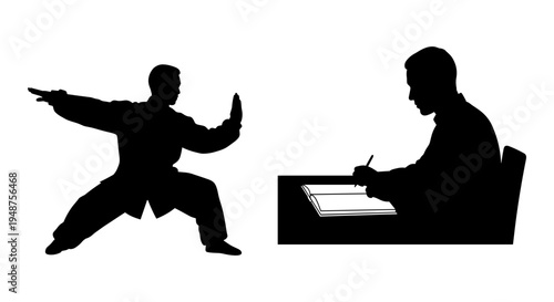 Contrast between martial arts and academic study depicted through silhouettes. Vector, illustration