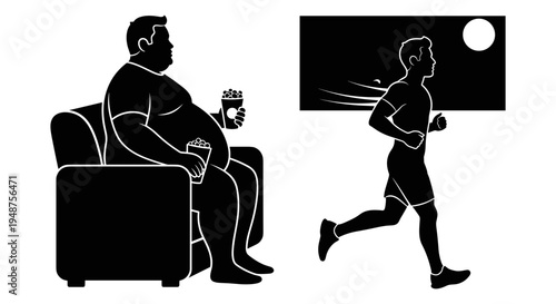 Contrast between sedentary lifestyle and active exercise for health improvement. Vector, illustration