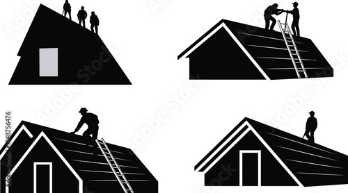 Roofing workers installing house roof shingles, construction repair and maintenance concept, professional roofer silhouette vector illustration set