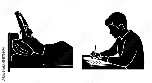 A person resting with legs elevated while another studies at a desk nearby. Vector, illustration