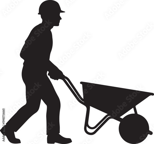 Black Silhouette of Construction Worker Pushing Wheelbarrow on White