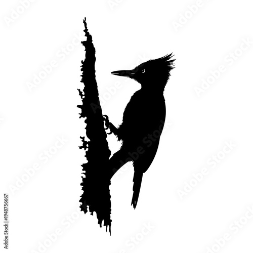 Silhouette of a woodpecker clinging to a tree trunk.