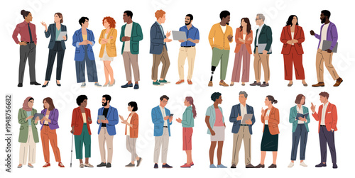 Diverse business people stands together. They show various poses and expressions. Some appear engaged in conversation. Others seem thoughtful or amused. Ideal for illustrating teamwork or community