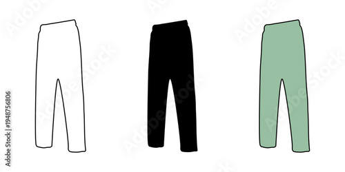 A stylish vector illustration featuring a fashion set of jeans and business suit clothes for women and men, shown as black standing person silhouettes with a modern design outline