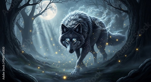 A mystical grey wolf with glowing eyes walks through a dark, enchanted forest under a full moon, surrounded by sparkling light.