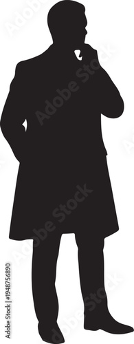 Silhouette of a Pensive Businessman in a Coat Thinking on White Background