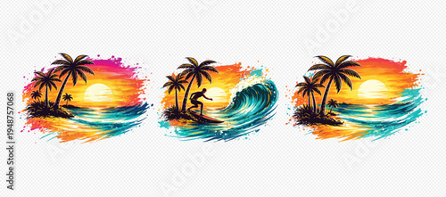 Set of 3 tropical sunset wave palm tree vector icons isolated on Transparent Background