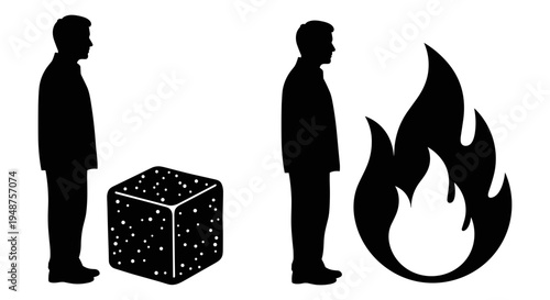 Two figures observing a mysterious box and a fiery explosion in contrasting scenes Vector, illustration