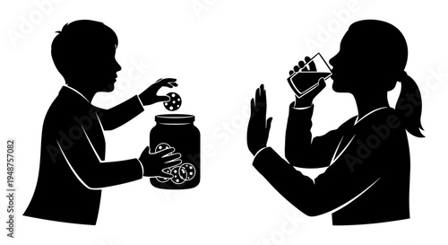 Child and adult sharing a snack in a thoughtful manner with a jar of treats Vector, illustration
