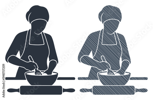 Baker preparing dough or batter in a bowl with a rolling pin nearby