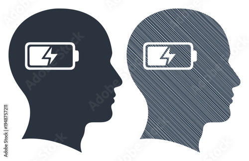 Two profile silhouettes of heads, one with a full battery symbol, the other with a low battery symbol, representing mental energy levels.
