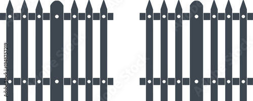 Wooden picket fence vector illustration, garden boundary barrier design, classic backyard fence structure icon collection