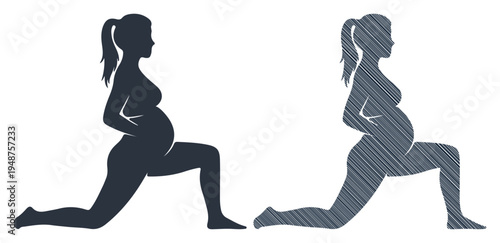 Pregnant woman in silhouette performing a lunge stretch for fitness and wellness.