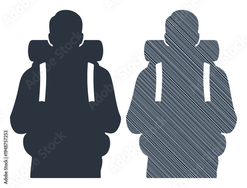 Silhouette of a backpacker showing two styles, solid and sketched, representing travel and adventure