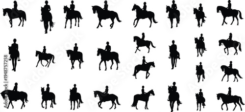 Collection of equestrian horse rider silhouettes showing different horseback riding poses, cowboy and jockey figures isolated for design, logos, icons, western ranch themed graphics.