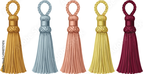 Set of five elegant silk tassels in various colors with braided loops and ornate knots for luxury home decor design.