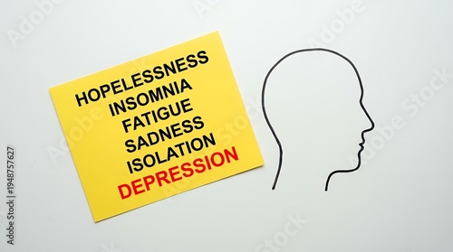 Yellow sticky note lists symptoms of depression including hopelessness insomnia fatigue sadness isolation and mental health profile with head outline anxiety stress mental illness