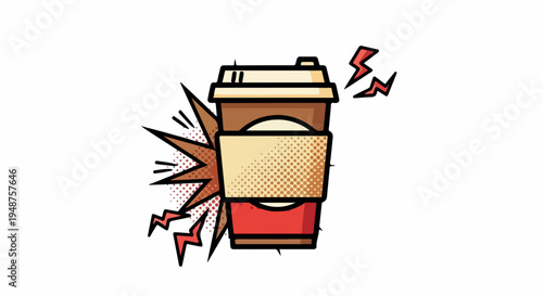 Comic Style Disposable Coffee Cup with Red Sleeve and Energy Burst Illustration