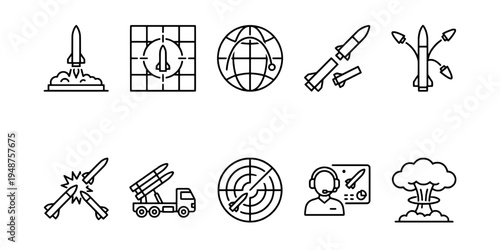 Tactical black line missile defense system and military warfare icon set for light mode, with rocket launchers, radar, and ballistic missiles