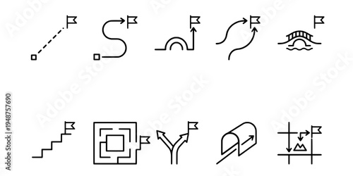 Minimalist black line roadmap and strategy path icon set for light mode, with goal flag and different routes