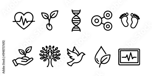 Minimalist black line life science and biology icon set for light mode, with DNA helix, heartbeat, and plant growth symbols
