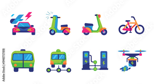 Set of 8 Electric Vehicle and Eco-Friendly Transport Icons Vector
