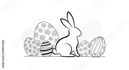 Outline rabbit sitting among decorated Easter eggs in a peaceful scene on isolated white background.