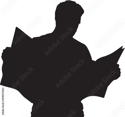 Silhouette of a Man Reading a Newspaper Isolated on White Background