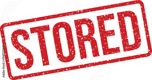 A distressed red rubber stamp with the capitalized word STORED on a plain white surface