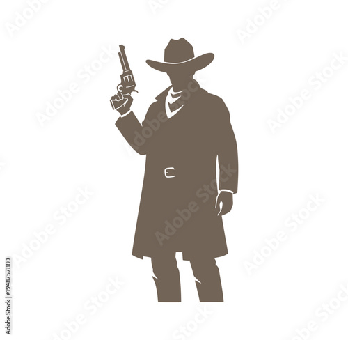 cowboy holding revolver in right hand standing alone