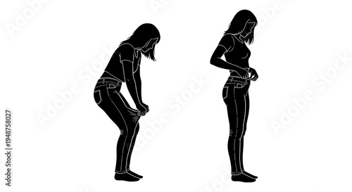 Silhouettes of individuals demonstrating different stances or postures in a relaxed setting. Vector, illustration