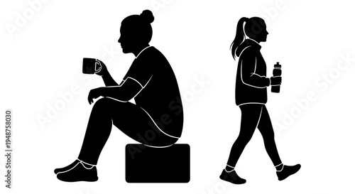 Two individuals taking a break with drinks in an urban setting Vector, illustration