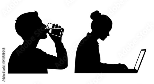 Modern lifestyle contrasts between drinking and working on a laptop. Vector, illustration
