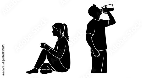 A man drinking while a woman sits alone in contemplation beside him Vector, illustration