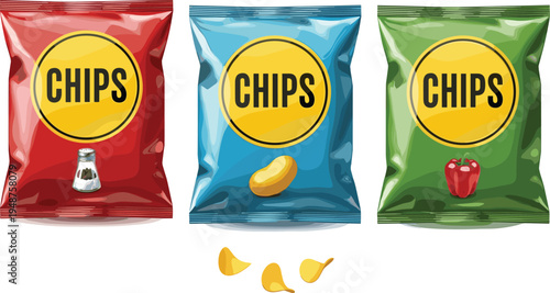Set of three colorful potato chip bags in red, blue, and green featuring salt, potato, and pepper flavor icons.