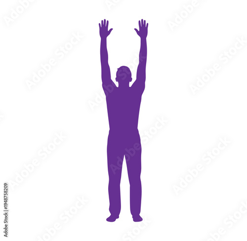 Purple silhouette of a man standing with arms raised upwards in celebration or surrender isolated on white background