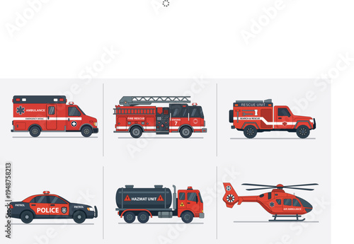 Vector illustration of emergency vehicles set, including ambulance, fire truck, and police car