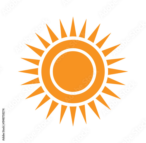 Simple orange sun icon with rays on white background