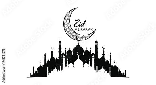 An eid mubarak greeting featuring a crescent moon and mosque skyline in dark silhouette high quality