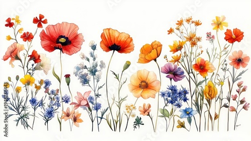 delicate watercolor wildflower scene of poppies, cornflowers and mixed meadow blossoms on white background conveying bright, joyful serenity