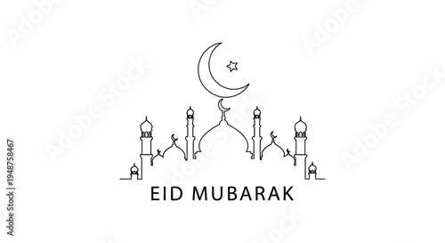 A minimalist line drawing depicts a crescent moon star and mosque skyline with eid mubarak text silhouette