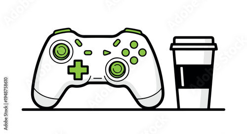 White and Green Game Controller and Coffee Cup Line Icon Set Vector