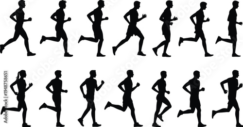 Collection of running people silhouettes showing male and female jogger poses isolated for fitness sport training marathon active lifestyle vector style design set