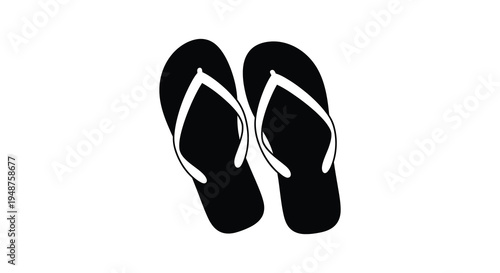 A pair of black flip flops lie on a white surface creating a minimalist silhouette high quality